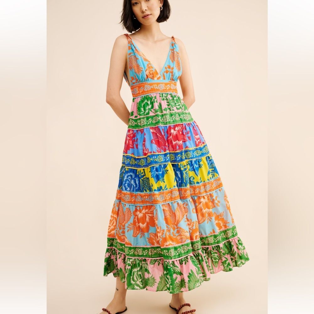 FARM Rio Multicolor Floral Tiered V-Neck Maxi Dress